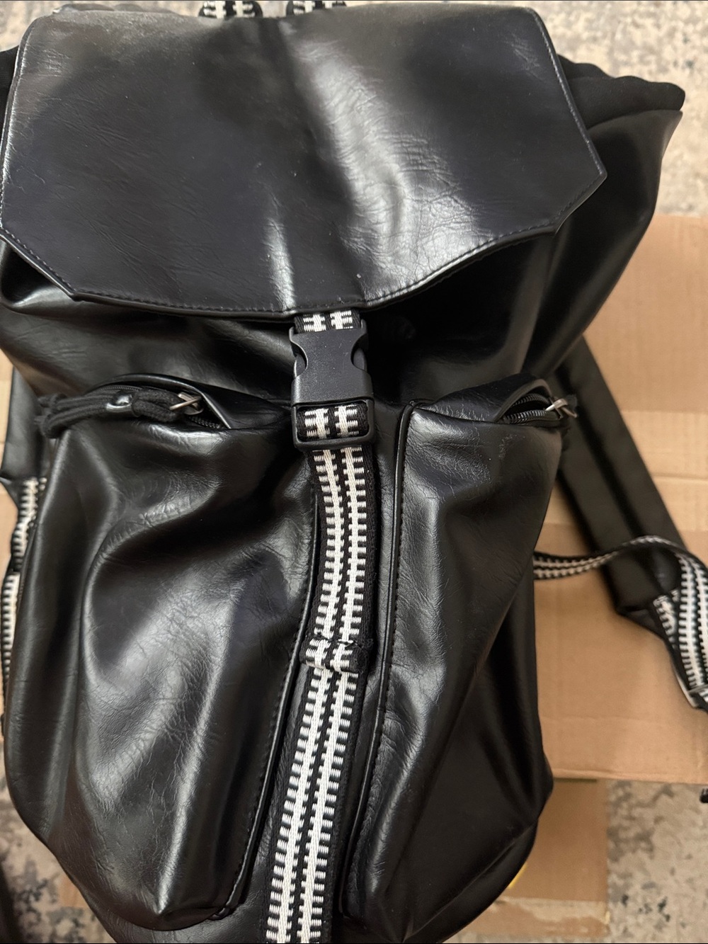 Universal Thread Black Faux Leather Backpack with White-Trim Zipper